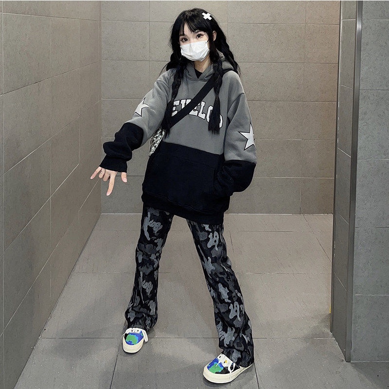 Quần jean thẳng cạp cao ống loe in họa tiết phong cách hiphop retro Mỹ thời trang xuân hè dành cho cả nam và nữ