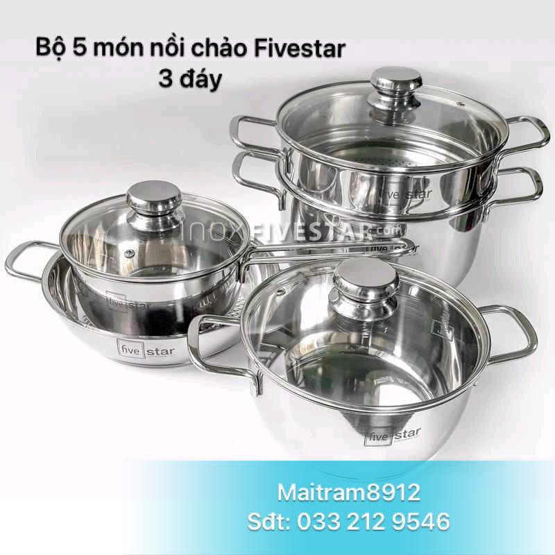 BỘ NỒI INOX 5 MÓN FIVESTAR 3 ĐÁY, gồm 1 nồi inox 3 đáy 20 cm, 24 cm, 1 xửng hấp 24 cm, 1 chảo 24 cm, 1 quánh 18 cm