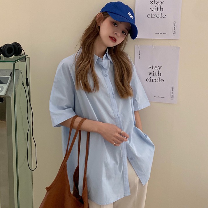 Áo Sơ Mi Tay Ngắn Dáng Rộng Màu Sắc Đơn Giản Thời Trang 41830