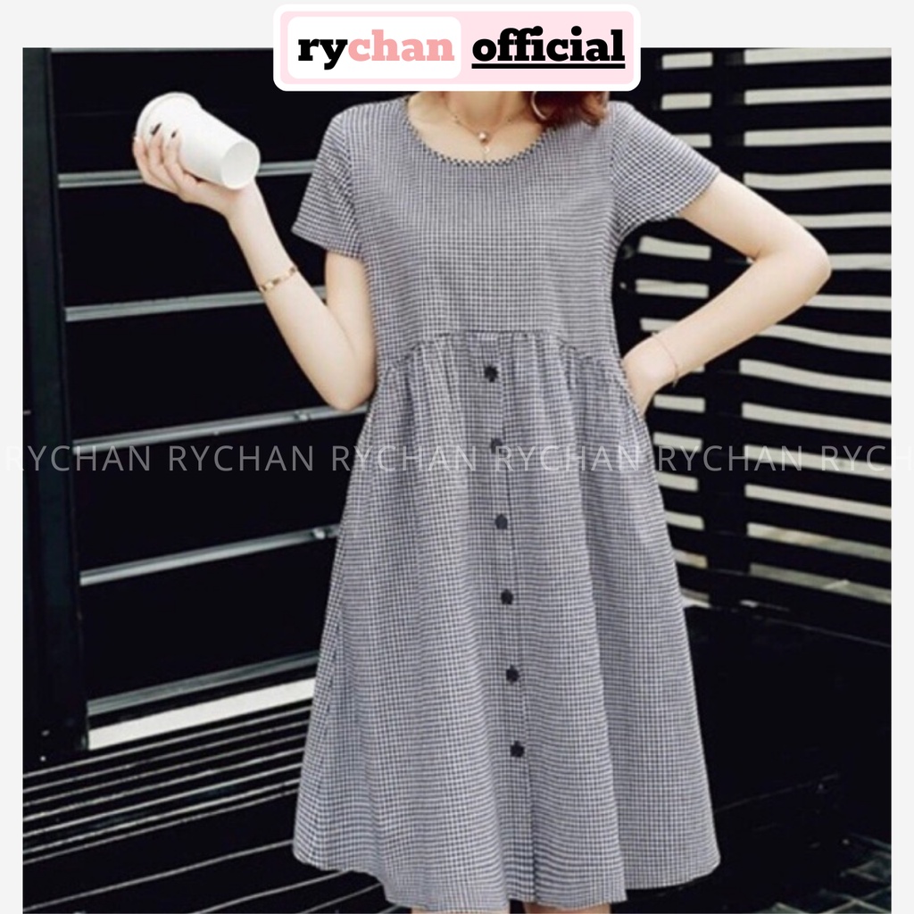 Đầm Nữ Babydoll Đi Chơi Họa Tiết Caro Phối Tay Ngắn Nút Đen, Đầm Nữ Đi Chơi Ưa Chuộng Đỏ Đen [ẢNH THẬT CUỐI] - DX9851