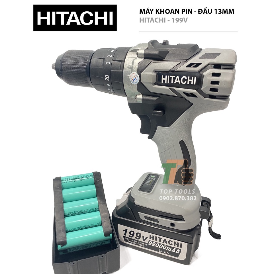 Máy khoan pin không chổi than, Máy khoan pin Hitachi, Đầu khoan 13mm, Pin 10cell 199v