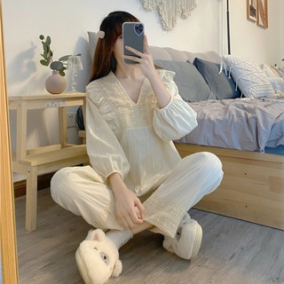 Bộ ngủ ulzzang mặc nhà cổ viền ren tiểu thư
