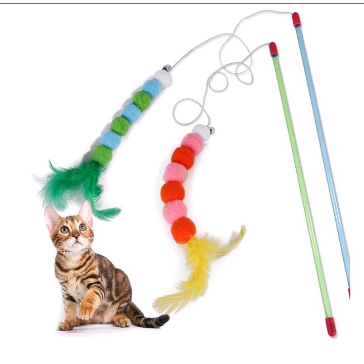 Cần câu mèo cục bông dài gắn lông vũ - Đồ chơi cho mèo vui nhộn dễ thương