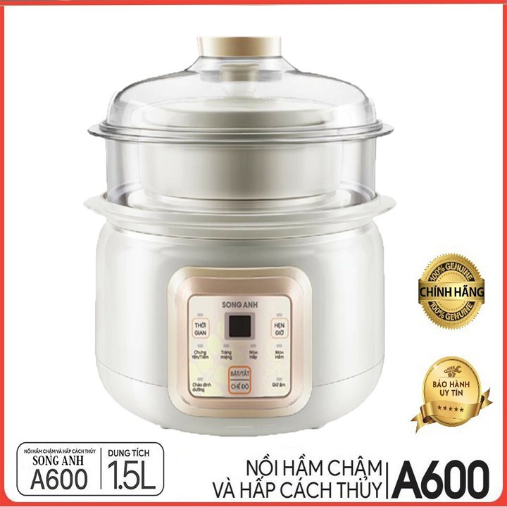 Nồi Hầm Cháo Chậm Nồi Chưng Yến Nồi Hấp Cách Thủy 2 Tầng 1.5L Song Anh Cao Cấp