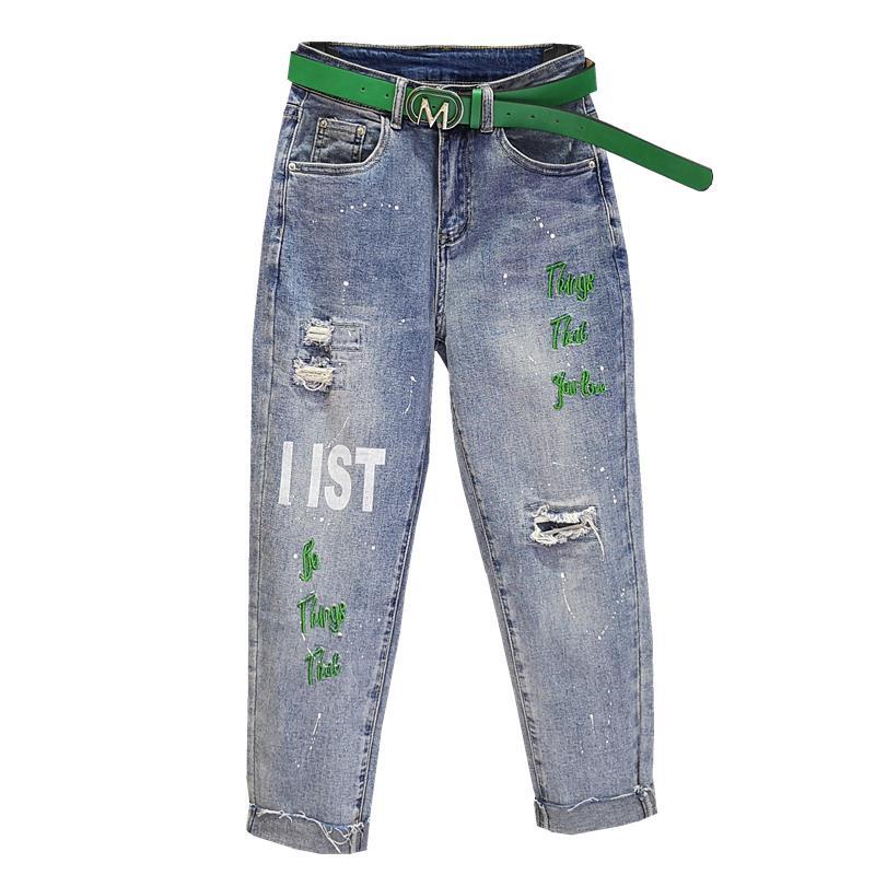 Quần Denim Dài Đến Mắt Cá Chân Dáng Rộng Thêu Họa Tiết Sơn Xịt Co Giãn