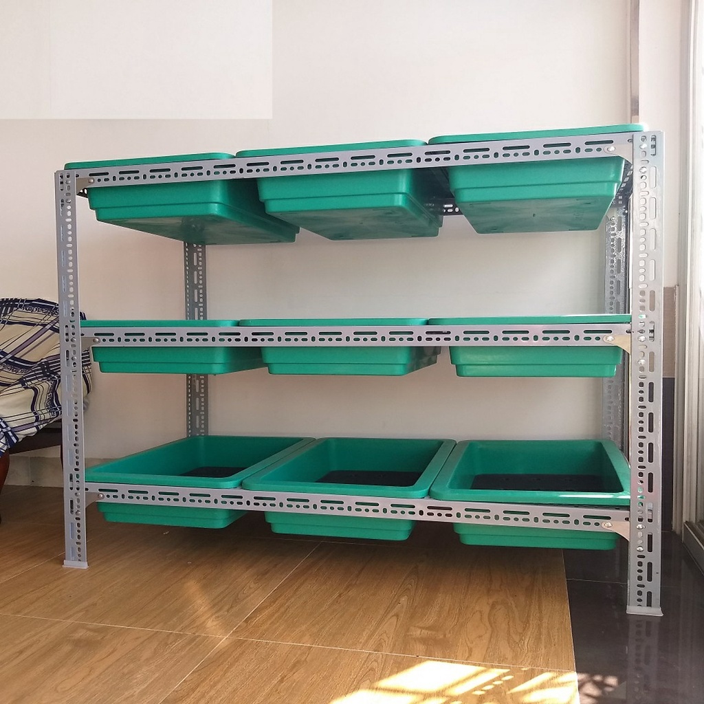 Kệ Sắt V Lỗ Trồng Rau Thông Minh 3 Tầng Dùng Cho 9 Khay Kích Thước 67x43x15 Cm - Không Gồm Khay