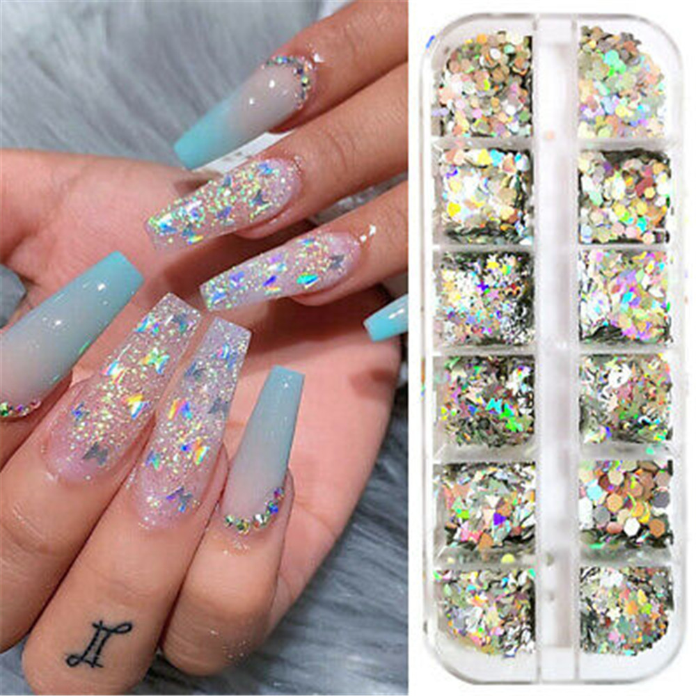 Hộp 12 Ngăn Sequin Lấp Lánh Trang Trí Móng Tay
