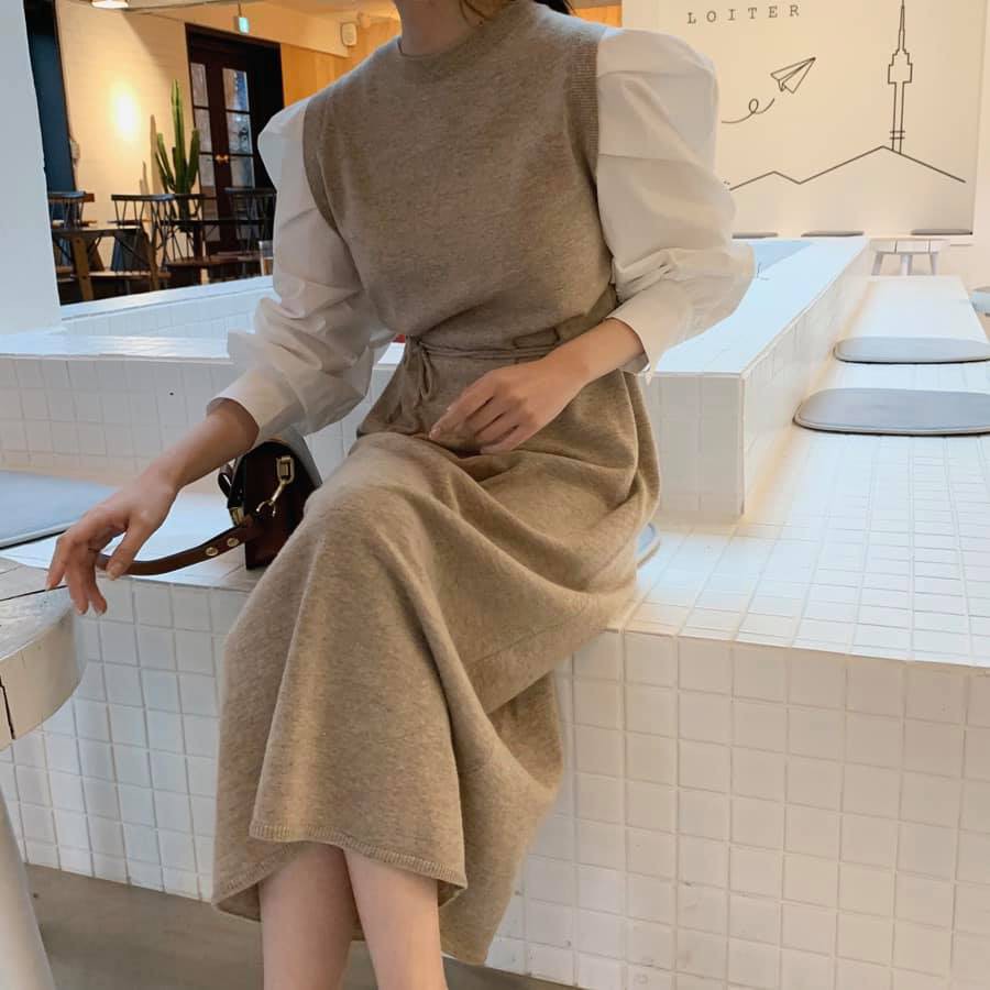 Váy len pha tay sơ mi bồng retro thu đông GNCM