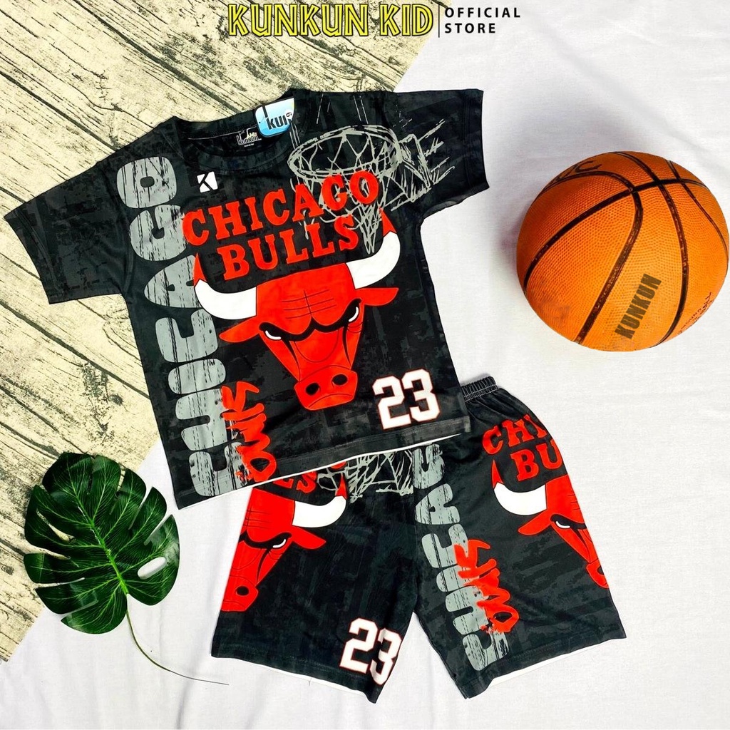 Bộ thể thao bé trai KUNKUN KID TT005 chất thun lạnh in 3d hình chicago bulls size đại từ 10-60kg