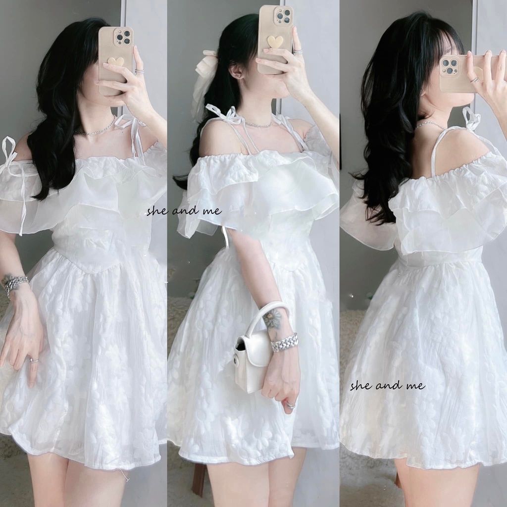 (Hàng Có Sẵn) Tina Dress_ Đầm Hai Dây Trễ Vai Váy Bèo Vai Kèm Cúp Ngực Hàng Quảng Châu Cực Xinh (Ảnh thật ở cuối)