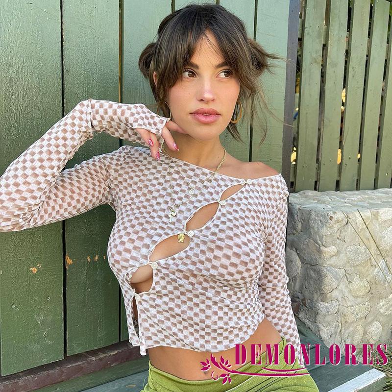 Áo croptop tay dài in họa tiết kẻ sọc thiết kế độc đáo thời trang dành cho nữ