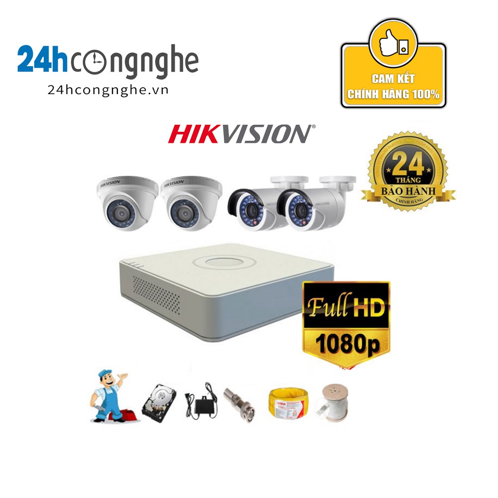 Combo trọn bộ 4 camera Hikvision 2MP đầy đủ phụ kiện