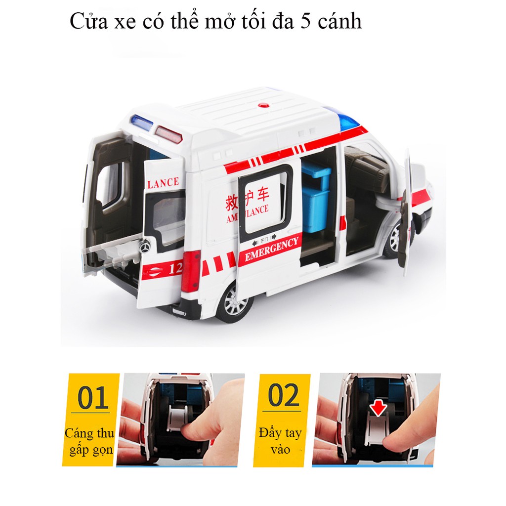 Đồ chơi xe cứu thương có nhạc và đèn chạy cót hiệu Mercedes Benz bằng hợp kim tặng kèm 3 bác sĩ + 1 cáng