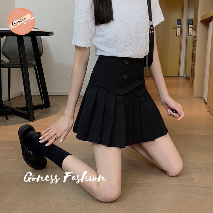 Chân váy tennis xếp ly màu trắng đen xếp li skirt cạp lưng cao ngắn chữ a phối cúc phong cách ulzzang Goness