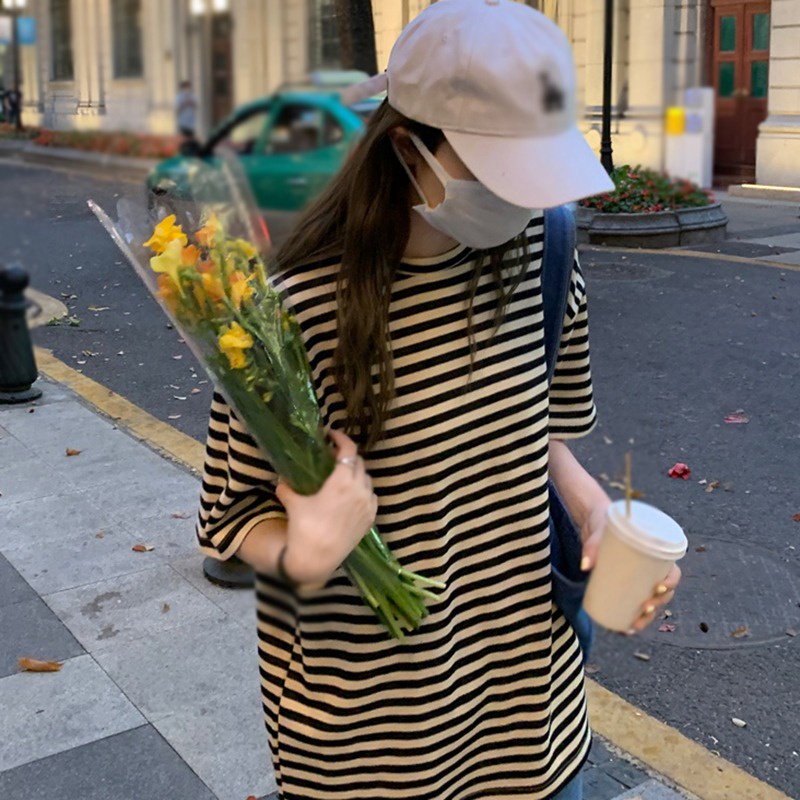 Áo Thun Tay Ngắn Dáng Rộng Họa Tiết Kẻ Sọc Phong Cách Hàn Quốc Thời Trang Mùa Hè Cho Nữ