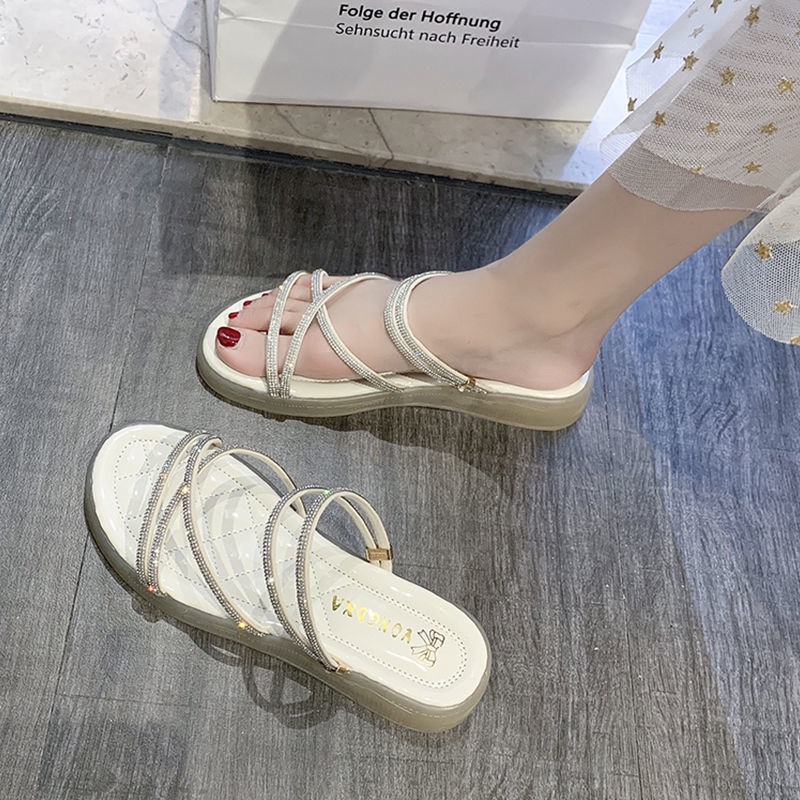 Two fairy style sandals for women 2022 new women's fashion slope heel Rhinestone tide versatile sandals for women to wear outside in summer