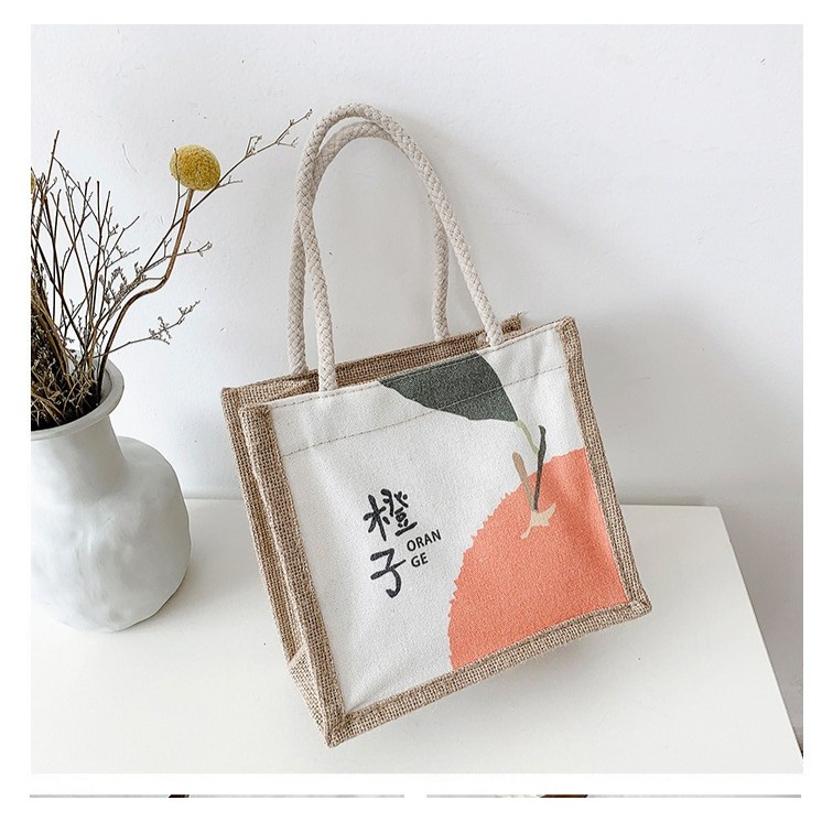 Túi cói mini quai xách du lịch đa năng in họa tiết xinh xắn có khóa kéo - Mã TC01