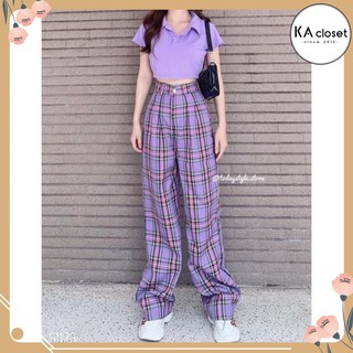 🆕  Quần kẻ tím KA Closet hack chân, cạp cao, ống rộng, chất kẻ thô