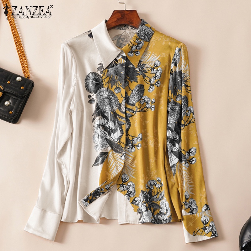 Áo sơ mi ZANZEA cổ bẻ tay dài vải satin in họa tiết hoa thời trang sang trọng dành cho bạn nữ
