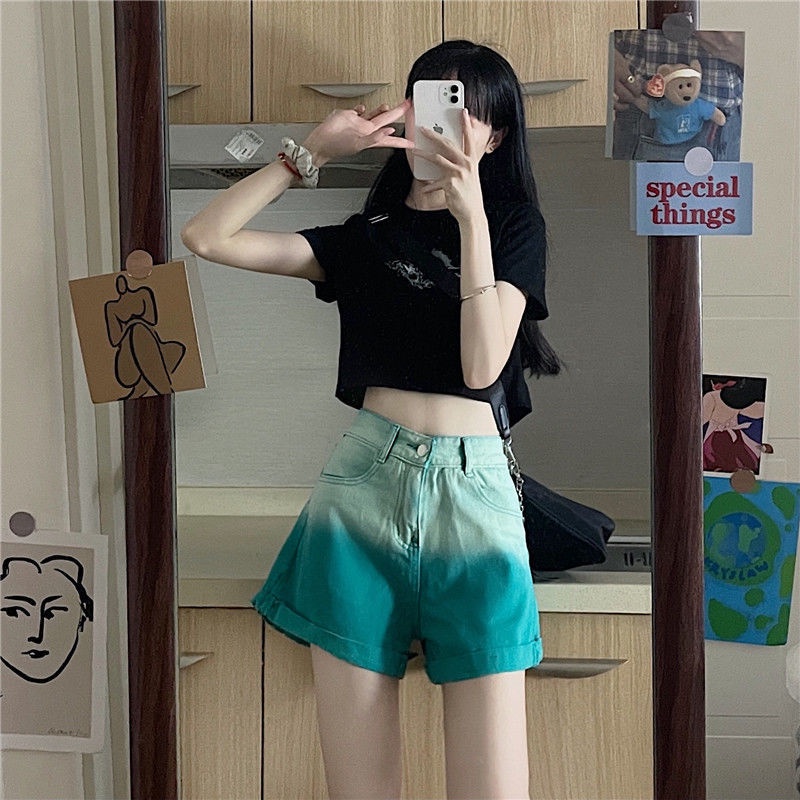 Jiashucheng Quần Short Denim Màu Gradient Lưng Cao Ống Rộng Thời Trang Mùa Hè Cho Nữ