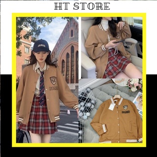 Áo Khoác Bomber Nam Nữ Varsity Jacket form rộng chất nỉ màu nâu thêu Logo ngực cúc bấm G0126 - HT STORE