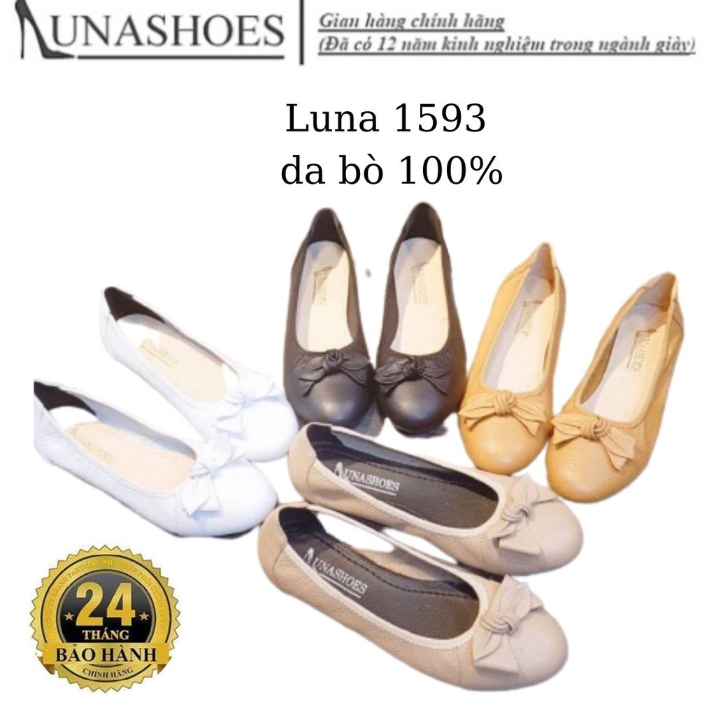 Giày bệt nữ mũi nhọn da bò Lunashoes (1593) giầy đế bằng có nơ cao cấp dễ đi màu đen (BH 24TH)