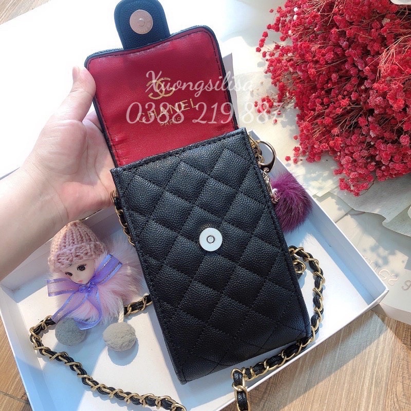 Túi Đeo Chéo Nữ Đựng Điện Thoại Logo Vàng Đồng Da Hạt Siêu Đẹp