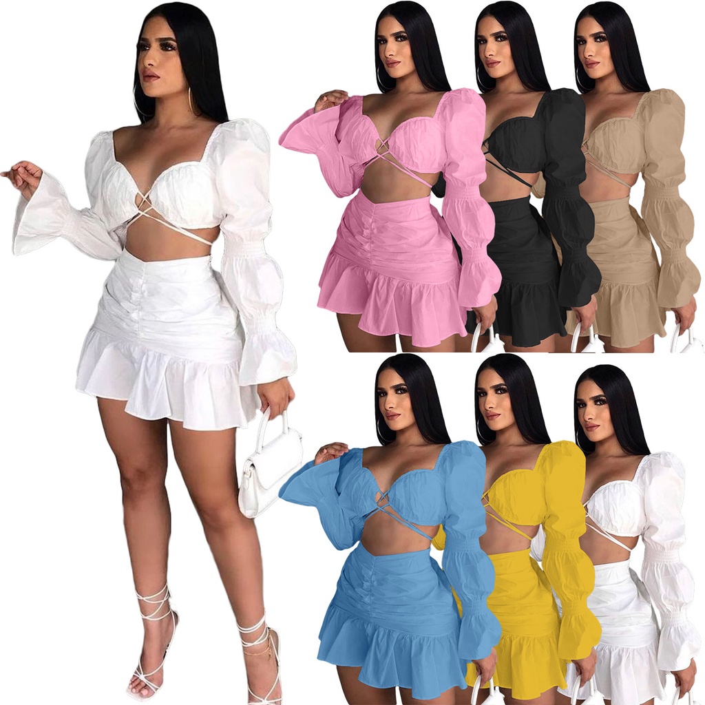 Set Áo Croptop Trễ Vai + Chân Váy Ngắn Màu Trơn Quyến Rũ