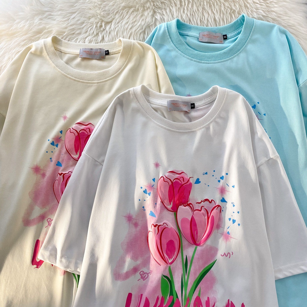 Áo Thun Tay Ngắn Cotton Nguyên Chất In Hình Hoa Tulip Phong Cách Mới Cho Nữ
