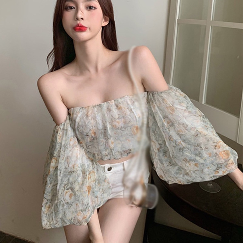 Áo kiểu croptop vải voan tay phồng cổ vuông in hoa xinh xắn cho nữ