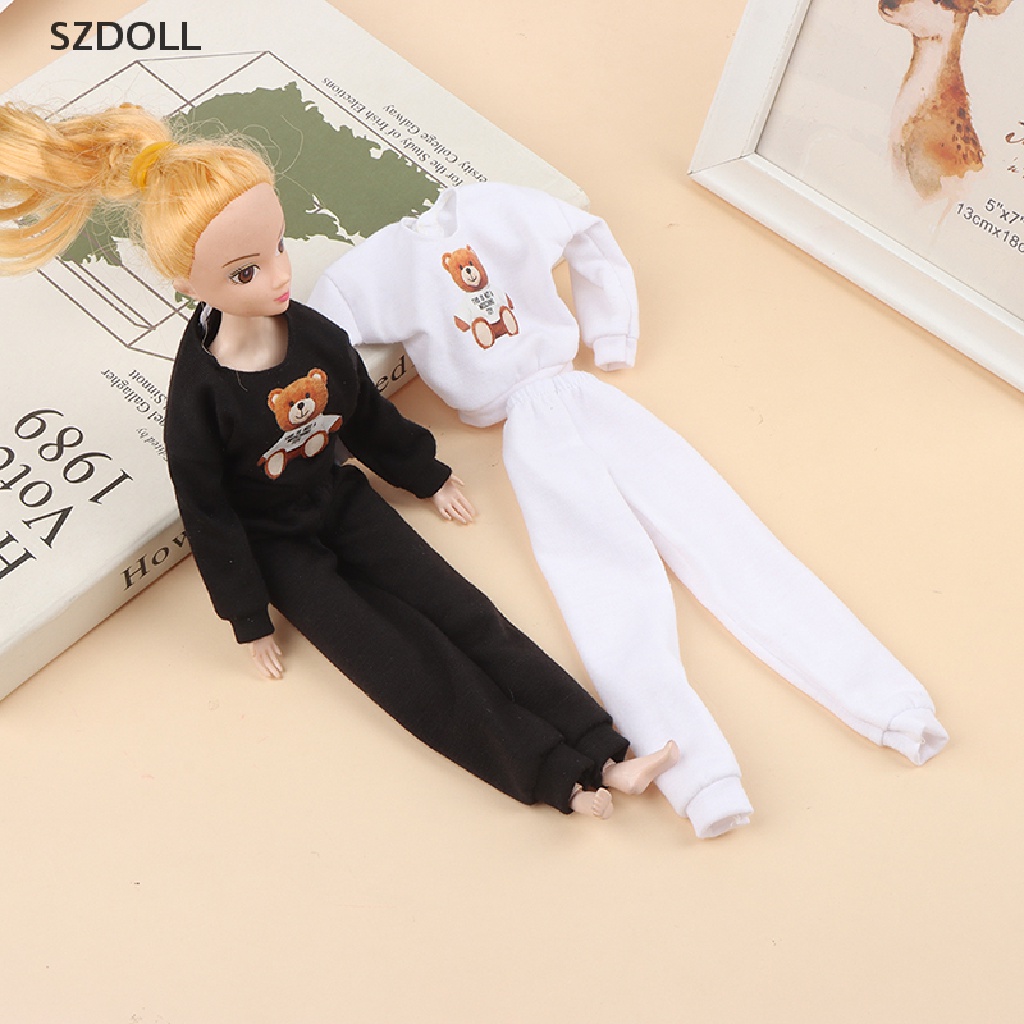 Set đồ thể thao cotton polyester in hình gấu dáng rộng phong cách công chúa thời trang cho búp bê 29cm DOM