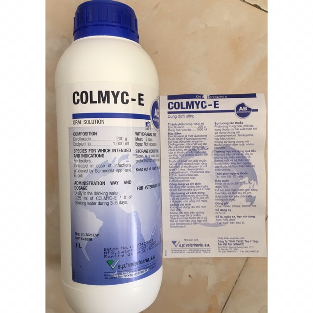 COLMYC E/Enrofloxacin 20%, chai 1 lít, chỉ dùng trong thú y.