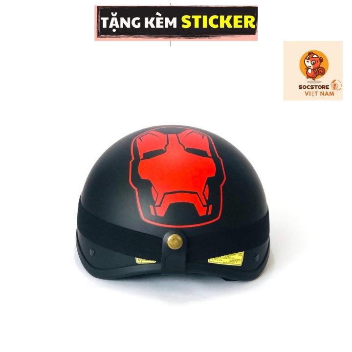 Mũ bảo hiểm nửa đầu chính hãng in hình Iron Man Sóc Store, nón bảo hiểm nam nữ 1 phần 2, kèm kính UV, kính phi công