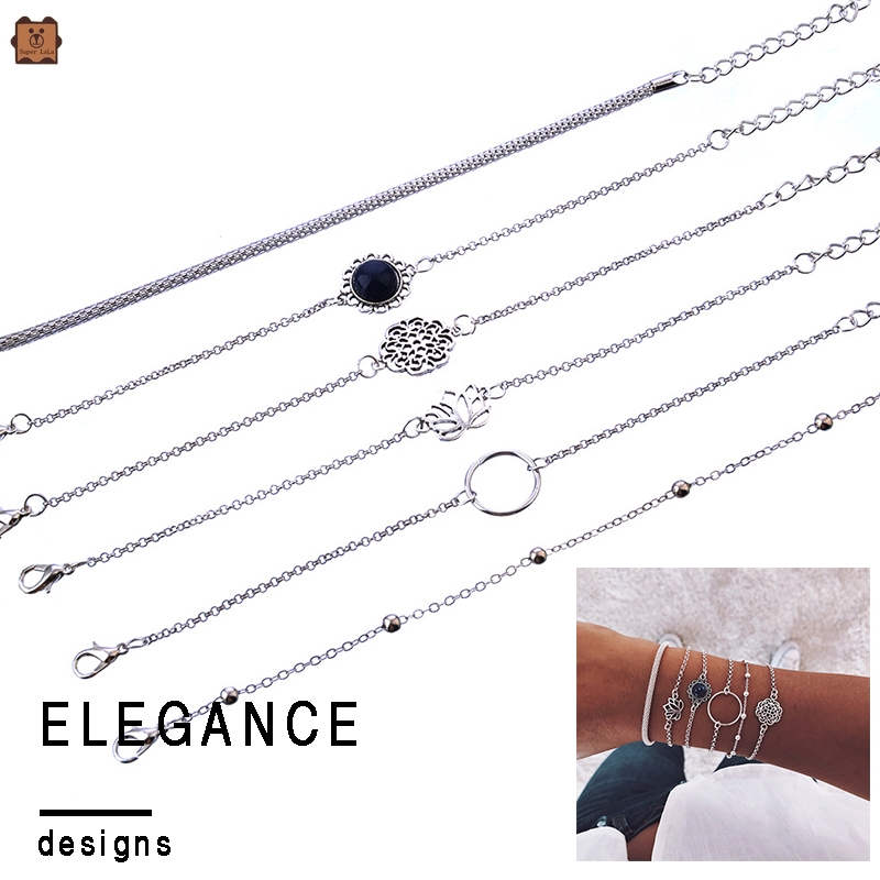 Set 6 vòng tay nhiều lớp mặt hình tròn/hoa sen kết hạt đính đá khoét rỗng thời trang dành cho nữ