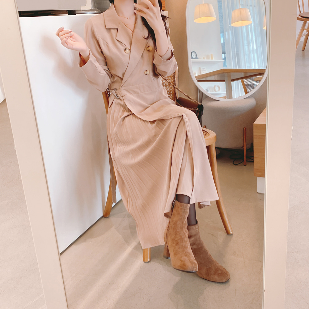 Đầm midi peppermint 32340 tay dài cổ chữ V màu trơn thiết kế đơn giản sành điệu