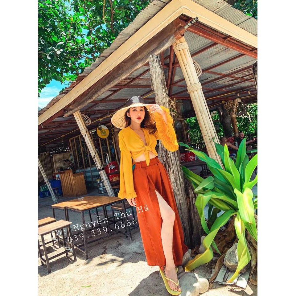 👙Set áo voan lụa cột nơ ngực + quần ống rộng xẻ