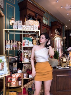 A1543-set áo phi cổ đổ 1 dây + chân váy chuỗi hạt