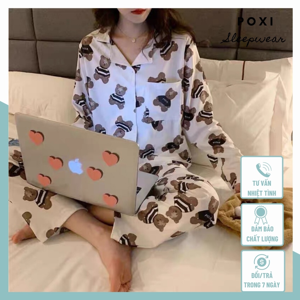 Bộ đồ ngủ nữ Pijama tay dài chất thun cotton hoạ tiết hình gấu dễ thương