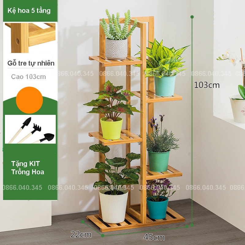 Kệ để chậu hoa, kệ trang trí ban công phòng khách 3 tầng, 5 tầng, 6 tầng gỗ thông Fiori phong cách Bắc Âu