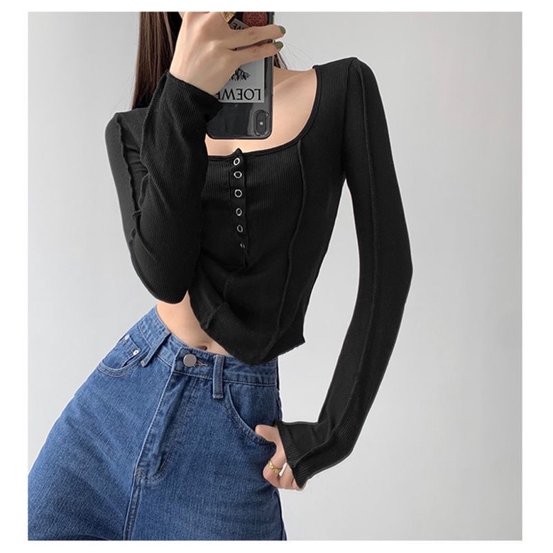 Áo thun croptop dài tay cổ vuông dáng ôm tôn dáng màu trắng,ghi,đen có full size Xs-2Xl