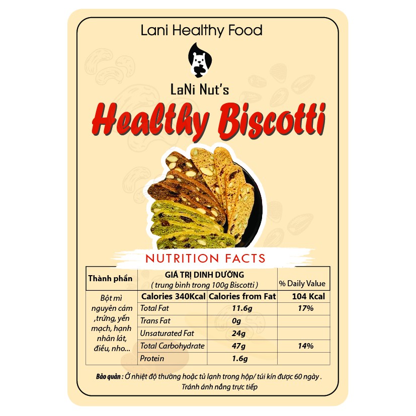 Bánh Ăn Kiêng Biscotti 500g- Bánh ngũ cốc ăn kiêng không đường - Biscotti Mix 3 Vị - Vani, Chocolate, Match