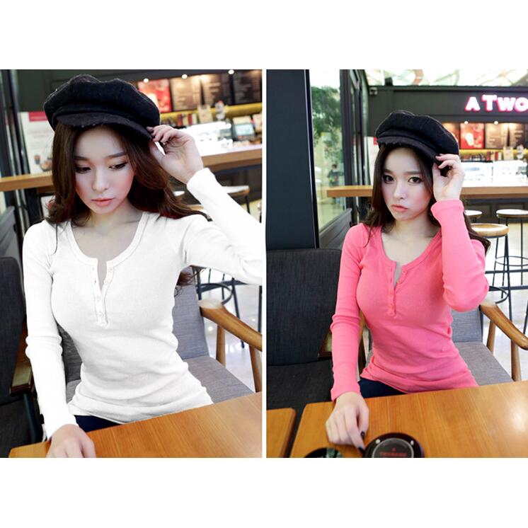 Áo Thun Tay Dài Phối Nút Màu Trơn Cho Nữ