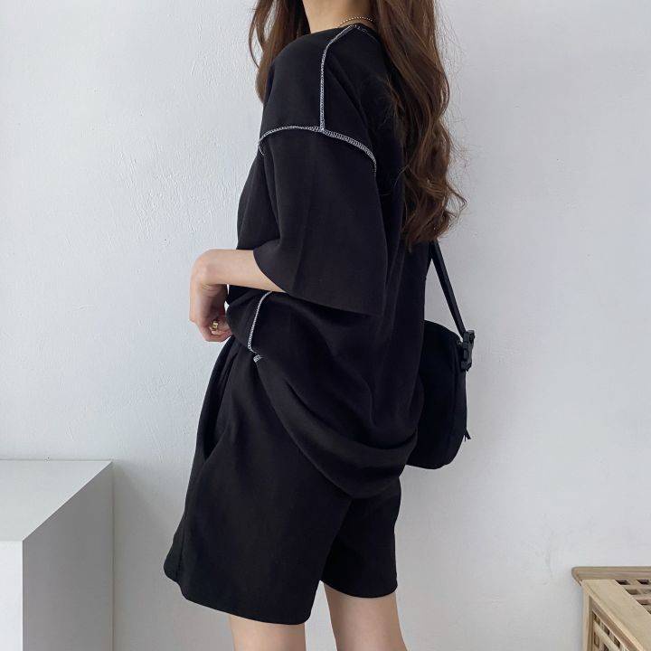 Set đồ thể thao hai mảnh dáng rộng tay ngắn màu đen thời trang mùa hè cho nữ
