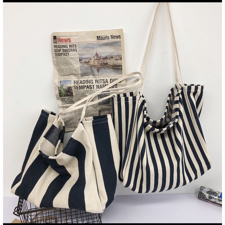 Túi Xách canvas Họa Tiết Kẻ Sọc Cỡ Lớn Phong Cách Hàn Quốc Thời Trang Cho Nữ kf106