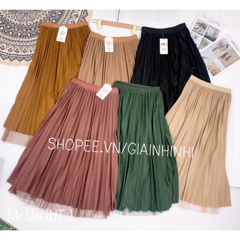 Xả hàng - Chân váy xếp ly nhũ chân lưới, Chân váy nhũ dáng dài cạp chun CV1515 - NhiNhi Shop