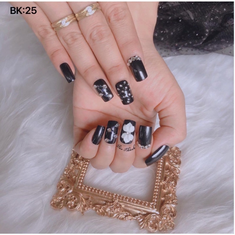 Móng tay giả thiết kế,naibox,móng úp tay giả màu đen vuông,kèm keo