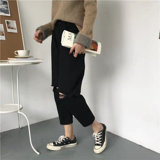 Quần slim baggy jeans rách gối đen basic ulzzang lưng cao kèm ảnh thật có BIGSIZE