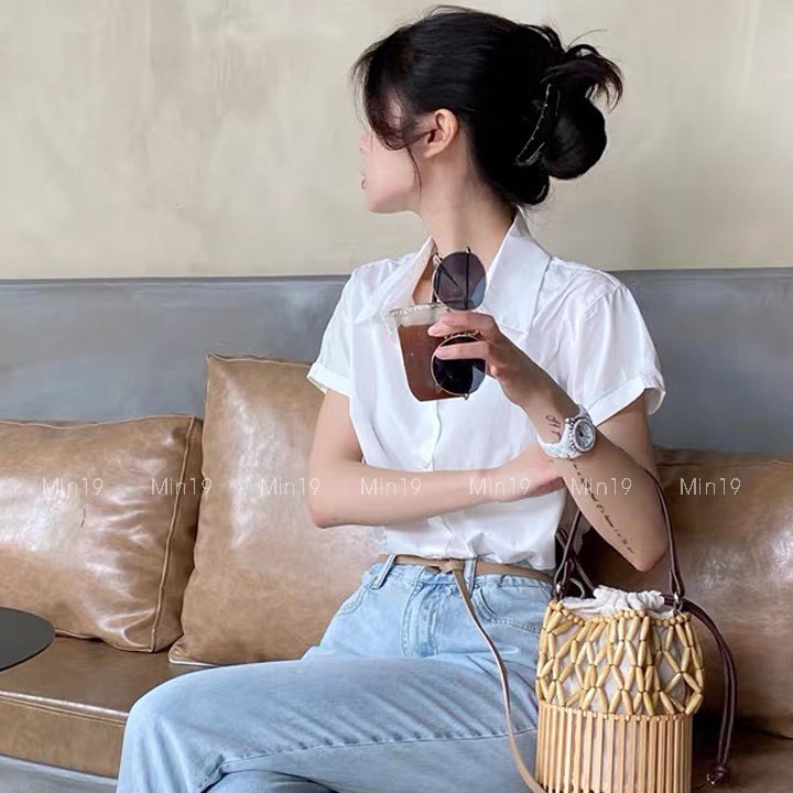 Áo Sơ Mi Nữ Tay Ngắn Công Sở Hàn Quốc Form Rộng Oversize Họa Tiết Trơn Công Sở Đi Học Đi Chơi Màu Trắng Thời Trang
