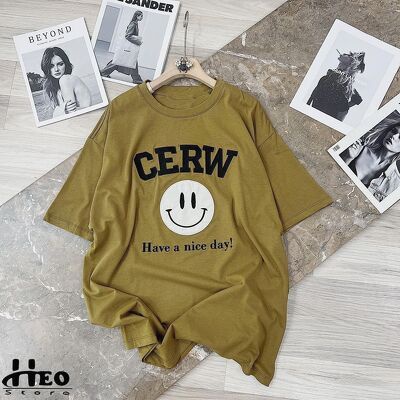 Áo thun nữ crew mặt cười vàng rêu
