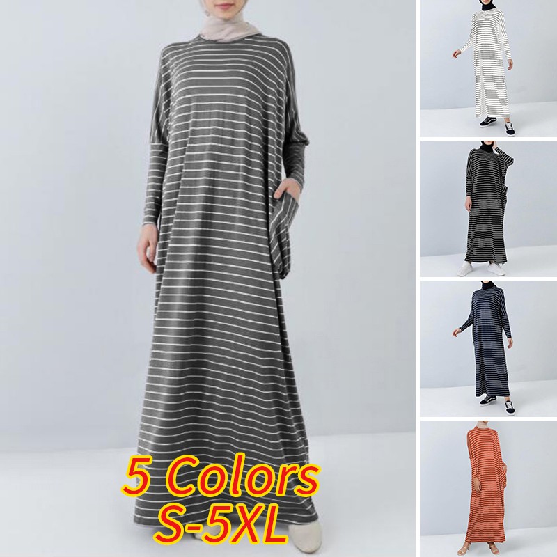 ZANZEA Đầm Maxi Tay Dài Kẻ Sọc Cho Phụ Nữ Hồi Giáo